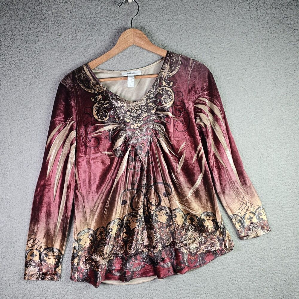 Style & Co Velvet Boho Tunic Flare Sleeve Baroque Festival Burgundy Y2K Peasant